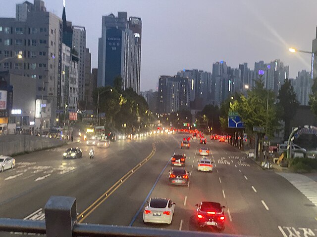 View of Night Traffic from Above in Seoul